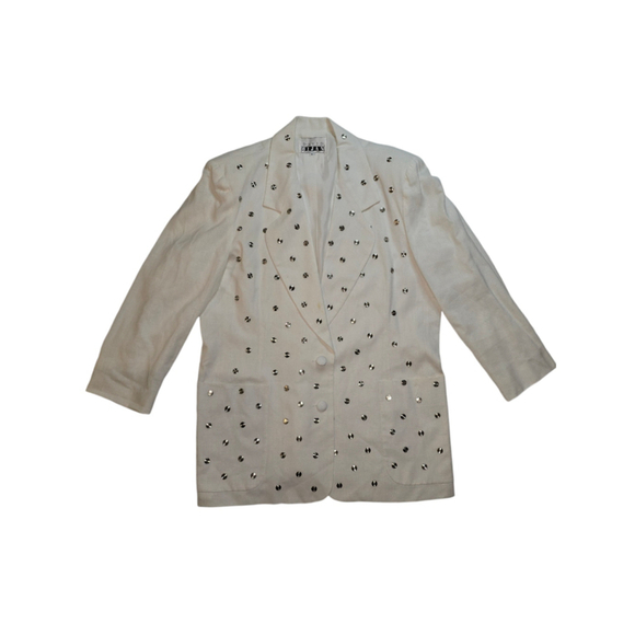 Vintage Women's David Bijan Studded River White Linen Blazer Size 14 - Picture 1 of 10